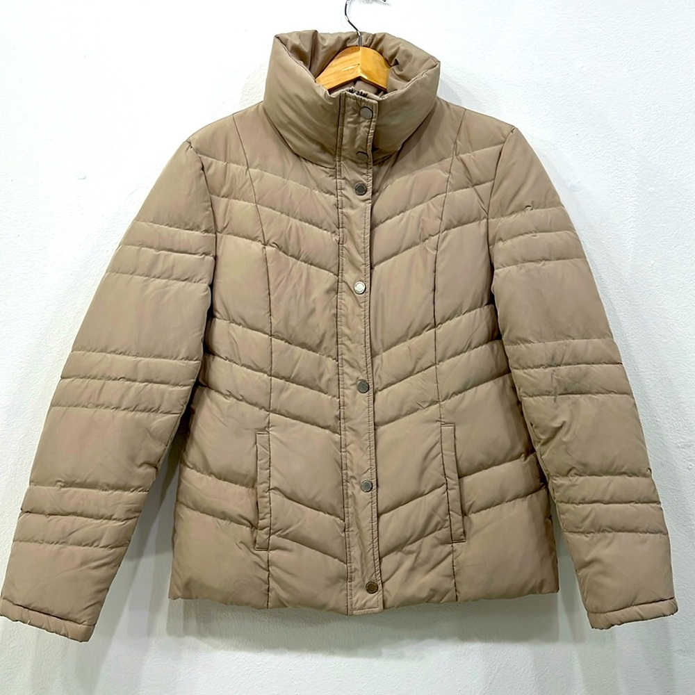 Kenneth Cole Reaction Women Puffer Down Jacket  Small Full Zip Snap Beige